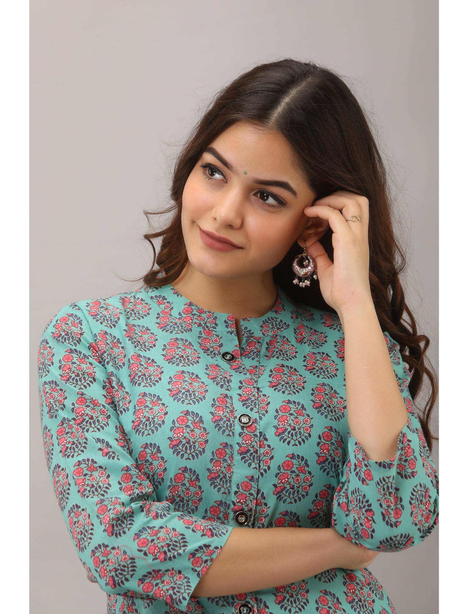 Maluka Women’s A-Line Cotton Floral Print Kurta with Button Work, 3/4 Sleeve & Mandarin Collar