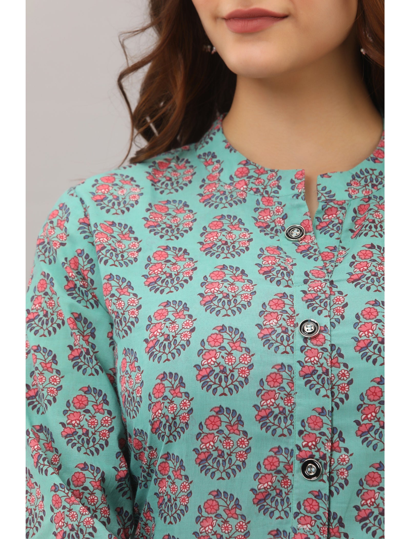Maluka Women’s A-Line Cotton Floral Print Kurta with Button Work, 3/4 Sleeve & Mandarin Collar