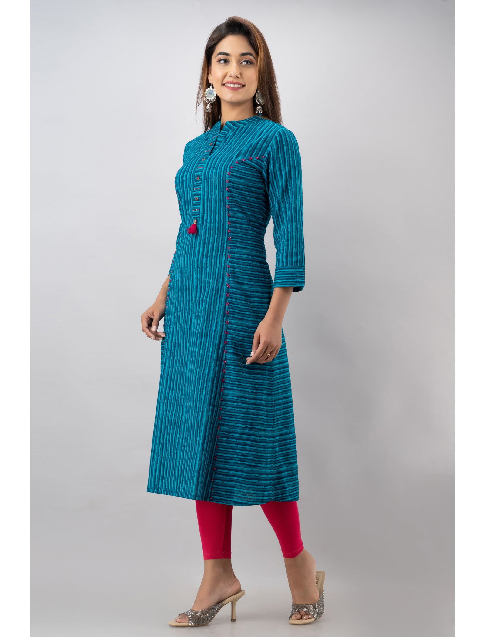 Maluka Women’s Blue Cotton Striped Kurta with 3/4 Sleeve, Tassel Work & Mandarin Collar