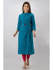 Maluka Women’s Blue Cotton Striped Kurta with 3/4 Sleeve, Tassel Work & Mandarin Collar