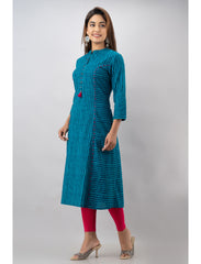 Maluka Women’s Blue Cotton Striped Kurta with 3/4 Sleeve, Tassel Work & Mandarin Collar