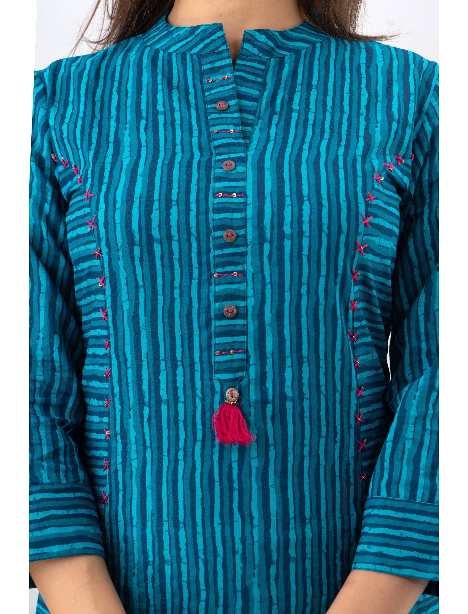 Maluka Women’s Blue Cotton Striped Kurta with 3/4 Sleeve, Tassel Work & Mandarin Collar
