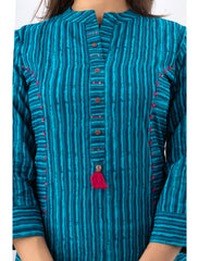 Maluka Women’s Blue Cotton Striped Kurta with 3/4 Sleeve, Tassel Work & Mandarin Collar