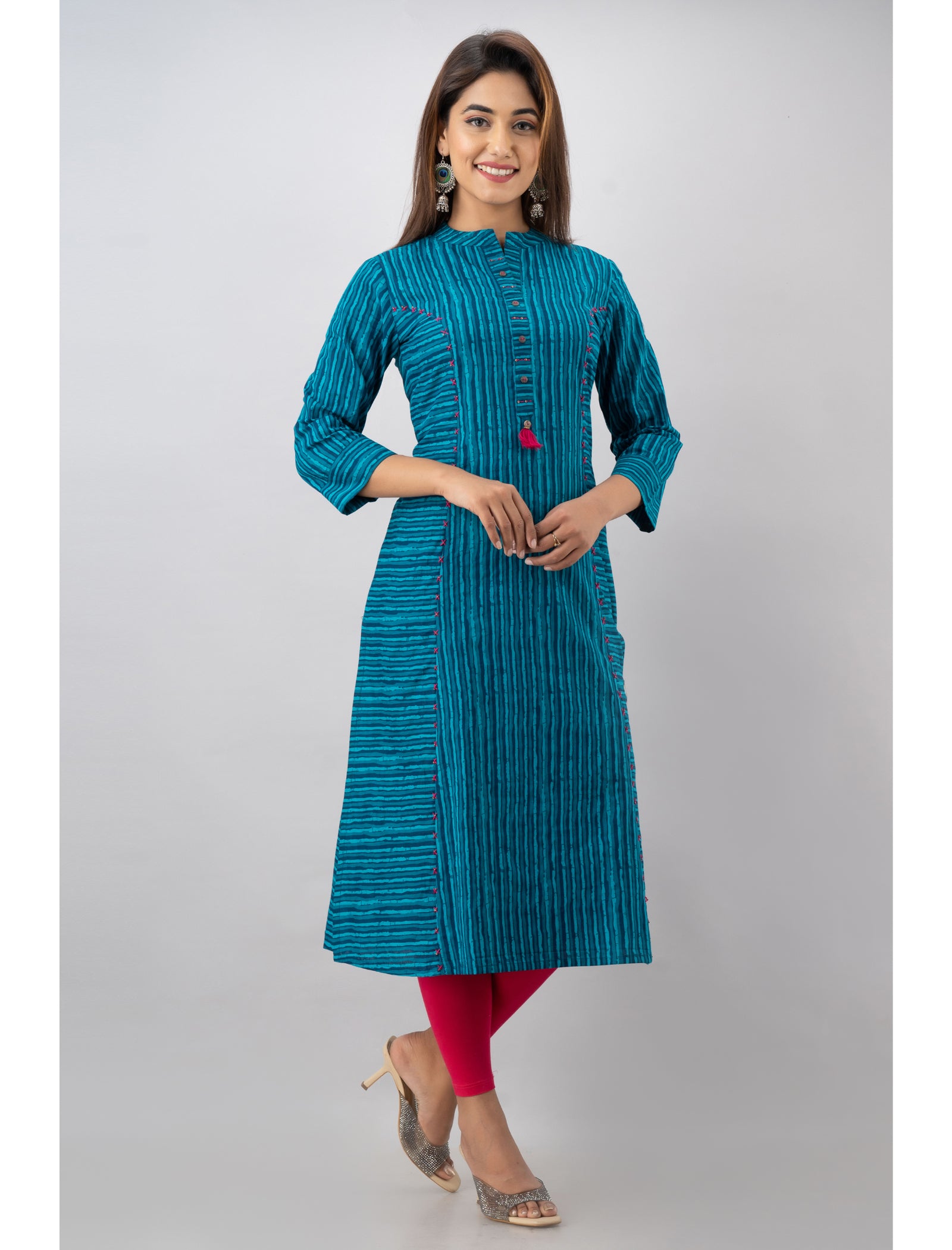 Maluka Women’s Blue Cotton Striped Kurta with 3/4 Sleeve, Tassel Work & Mandarin Collar