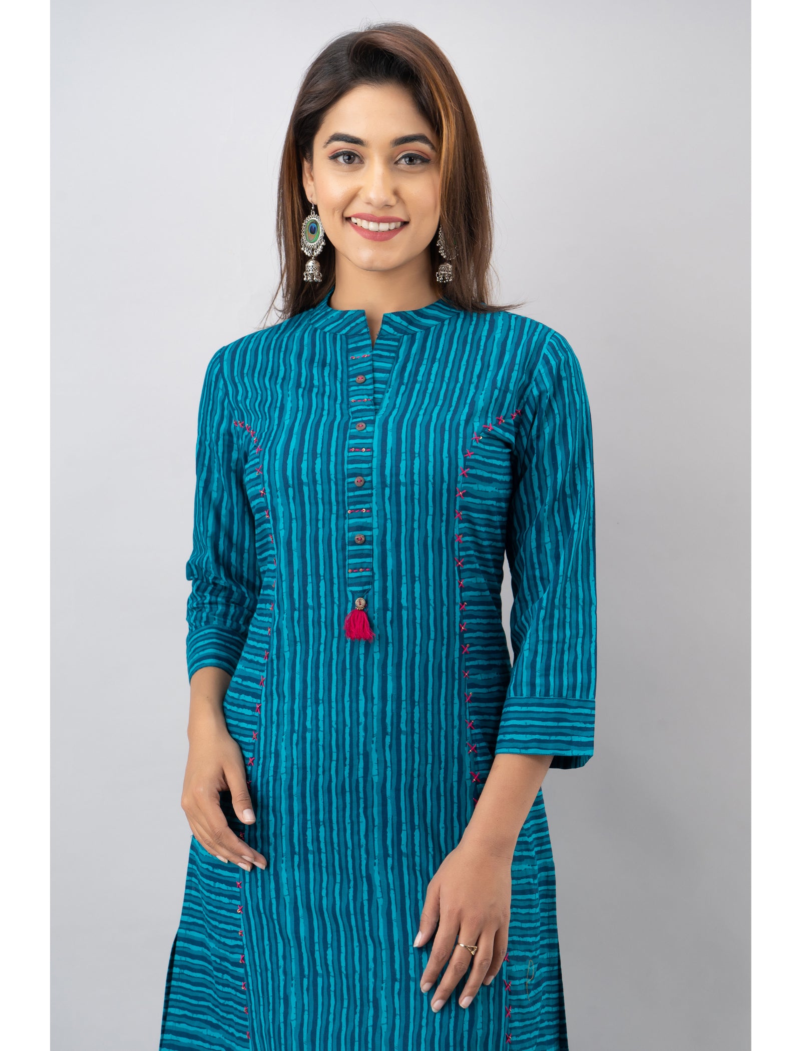 Maluka Women’s Blue Cotton Striped Kurta with 3/4 Sleeve, Tassel Work & Mandarin Collar