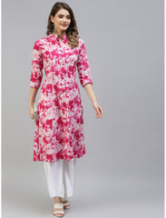 Maluka Women’s Pink Cotton Tie Dye Kurta with 3/4 Sleeve, Button Work & Mandarin Collar