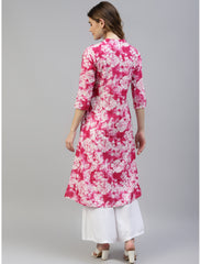 Maluka Women’s Pink Cotton Tie Dye Kurta with 3/4 Sleeve, Button Work & Mandarin Collar