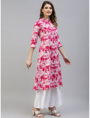 Maluka Women’s Pink Cotton Tie Dye Kurta with 3/4 Sleeve, Button Work & Mandarin Collar