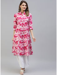 Maluka Women’s Pink Cotton Tie Dye Kurta with 3/4 Sleeve, Button Work & Mandarin Collar