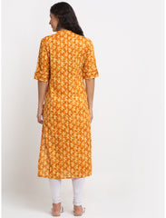 Maluka Women’s Mustard Cotton Kalamkari Print Kurta with Short Sleeve & Mandarin Collar