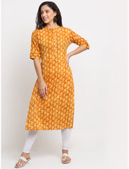 Maluka Women’s Mustard Cotton Kalamkari Print Kurta with Short Sleeve & Mandarin Collar