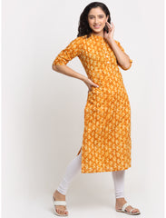 Maluka Women’s Mustard Cotton Kalamkari Print Kurta with Short Sleeve & Mandarin Collar