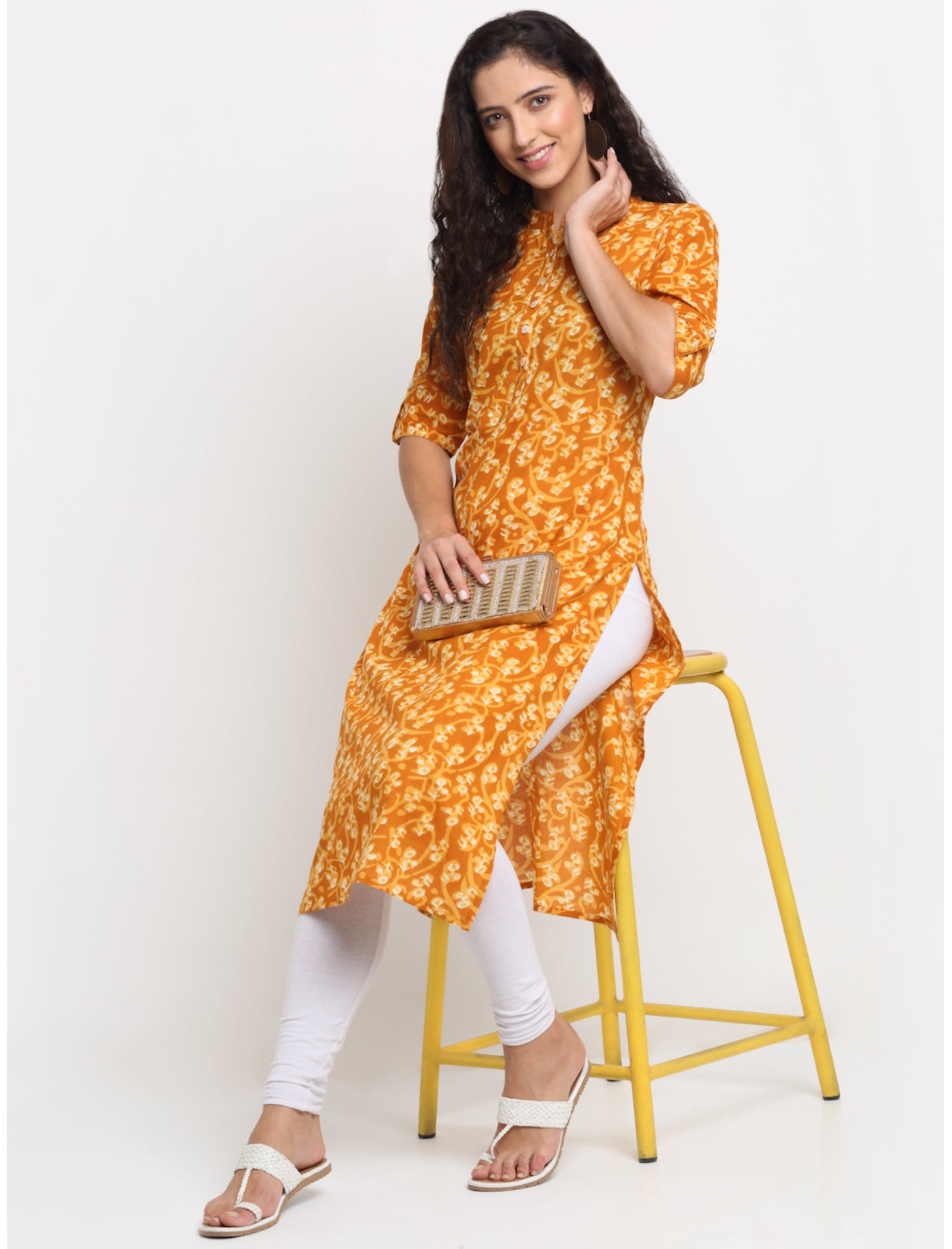 Maluka Women’s Mustard Cotton Kalamkari Print Kurta with Short Sleeve & Mandarin Collar