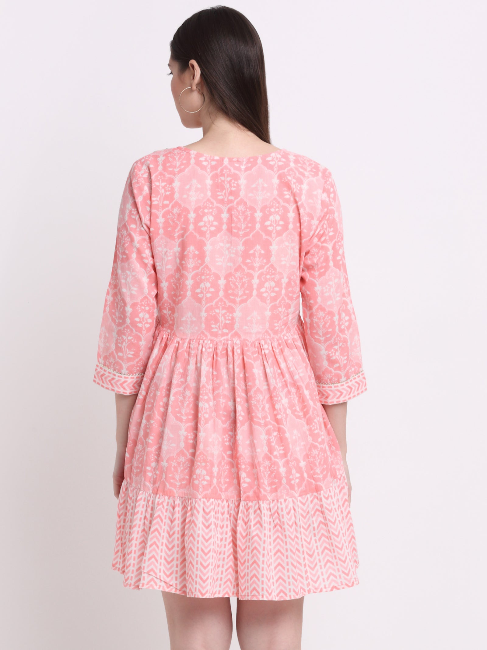 Maluka Women’s Peach & Grey Floral Cotton Tunic with Sequins & Tassels