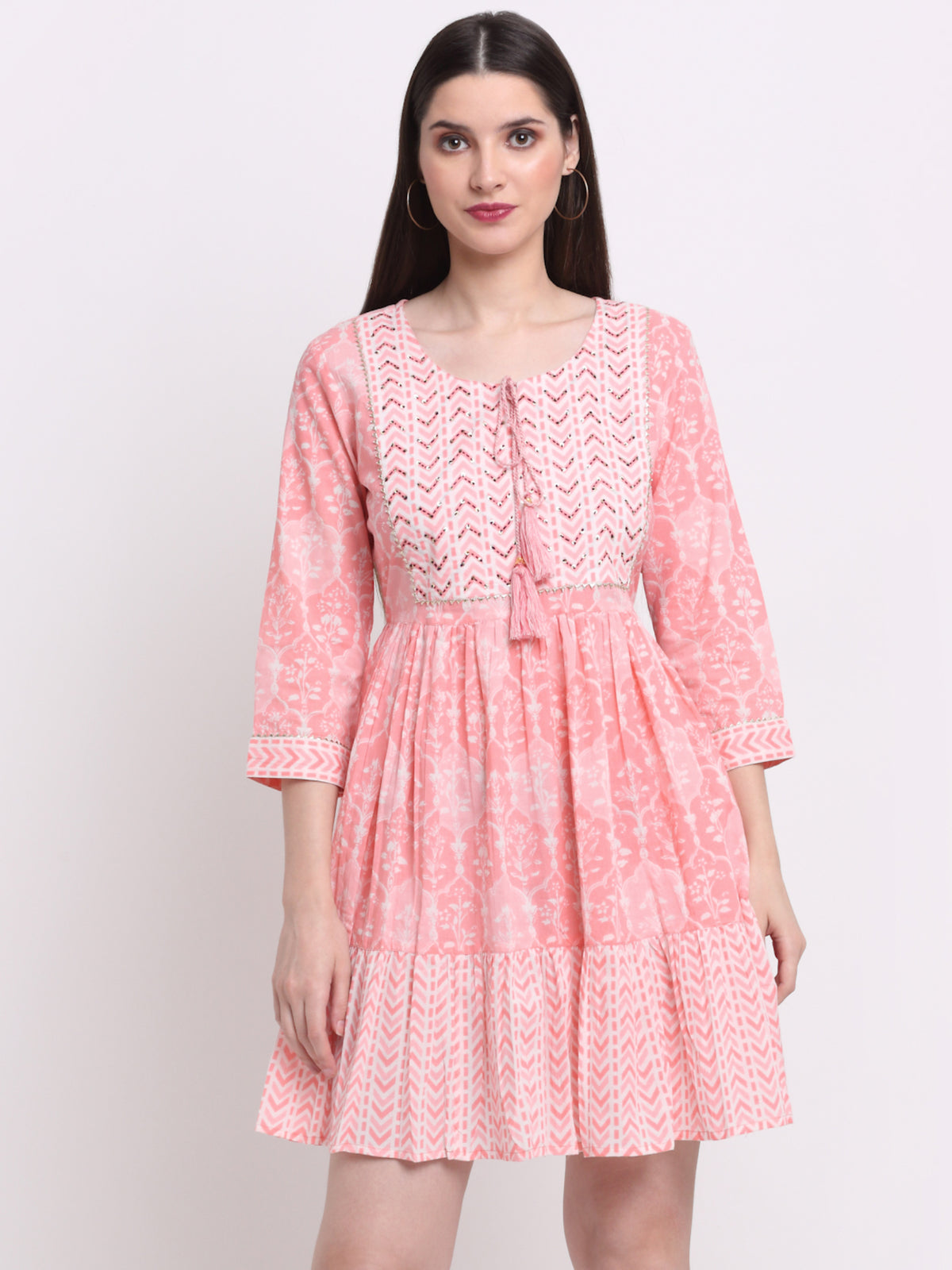 Maluka Women’s Peach & Grey Floral Cotton Tunic with Sequins & Tassels