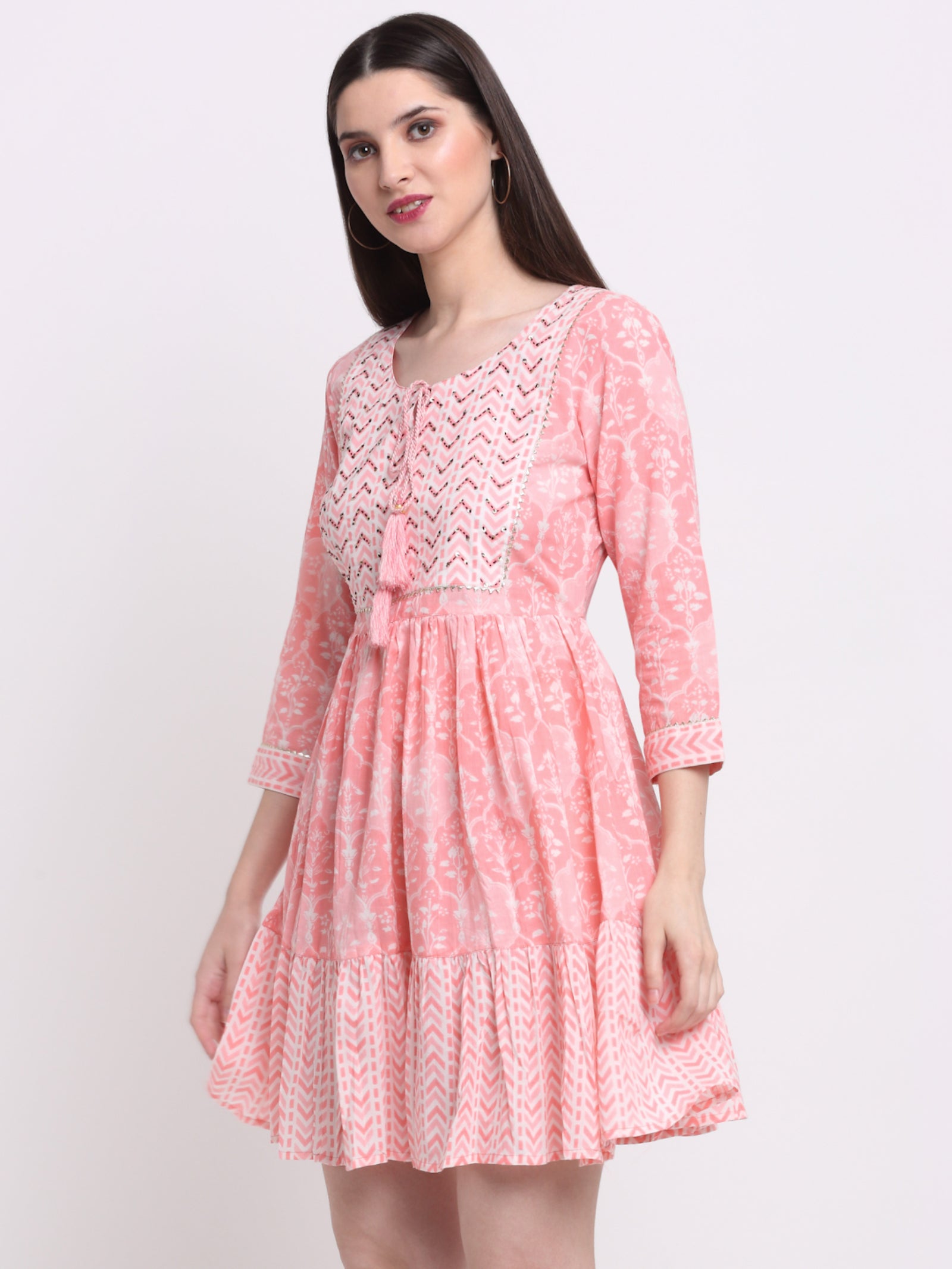 Maluka Women’s Peach & Grey Floral Cotton Tunic with Sequins & Tassels
