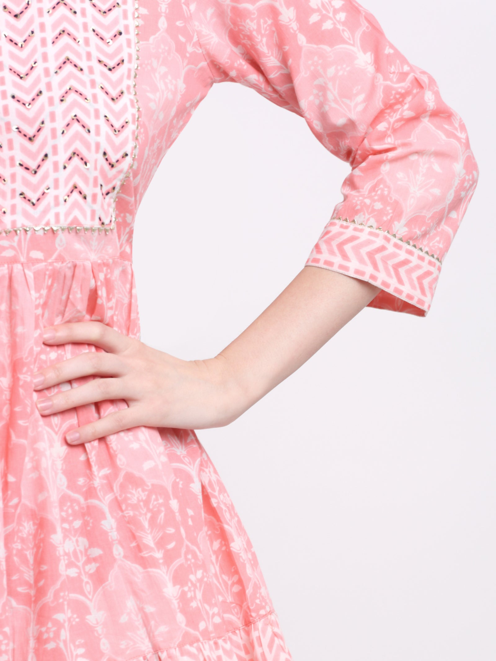 Maluka Women’s Peach & Grey Floral Cotton Tunic with Sequins & Tassels