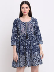 Maluka Women’s Blue & Maroon Floral Cotton Tunic with Sequins & Tassels
