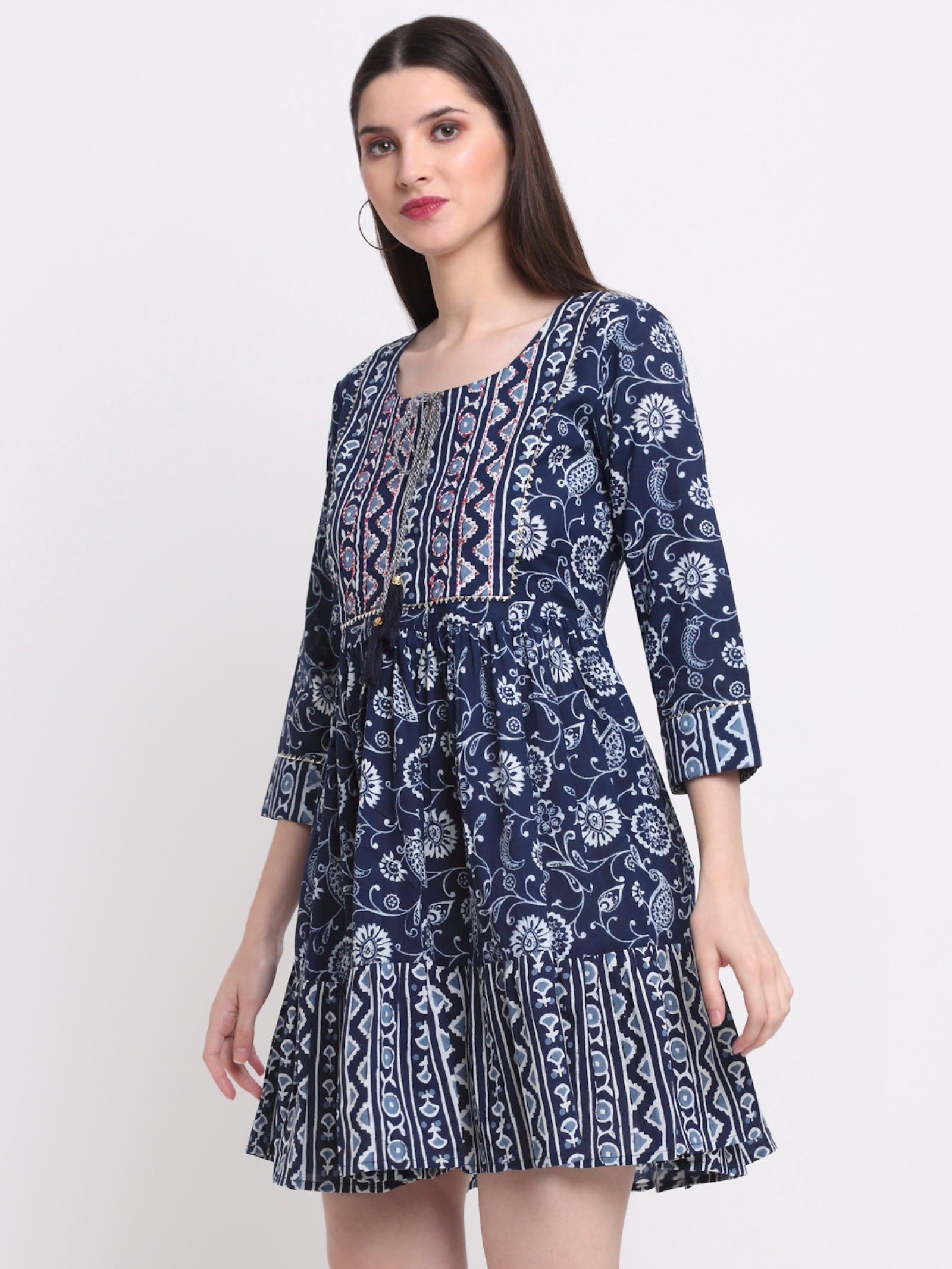 Maluka Women’s Blue & Maroon Floral Cotton Tunic with Sequins & Tassels