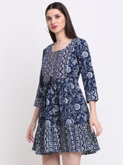 Maluka Women’s Blue & Maroon Floral Cotton Tunic with Sequins & Tassels