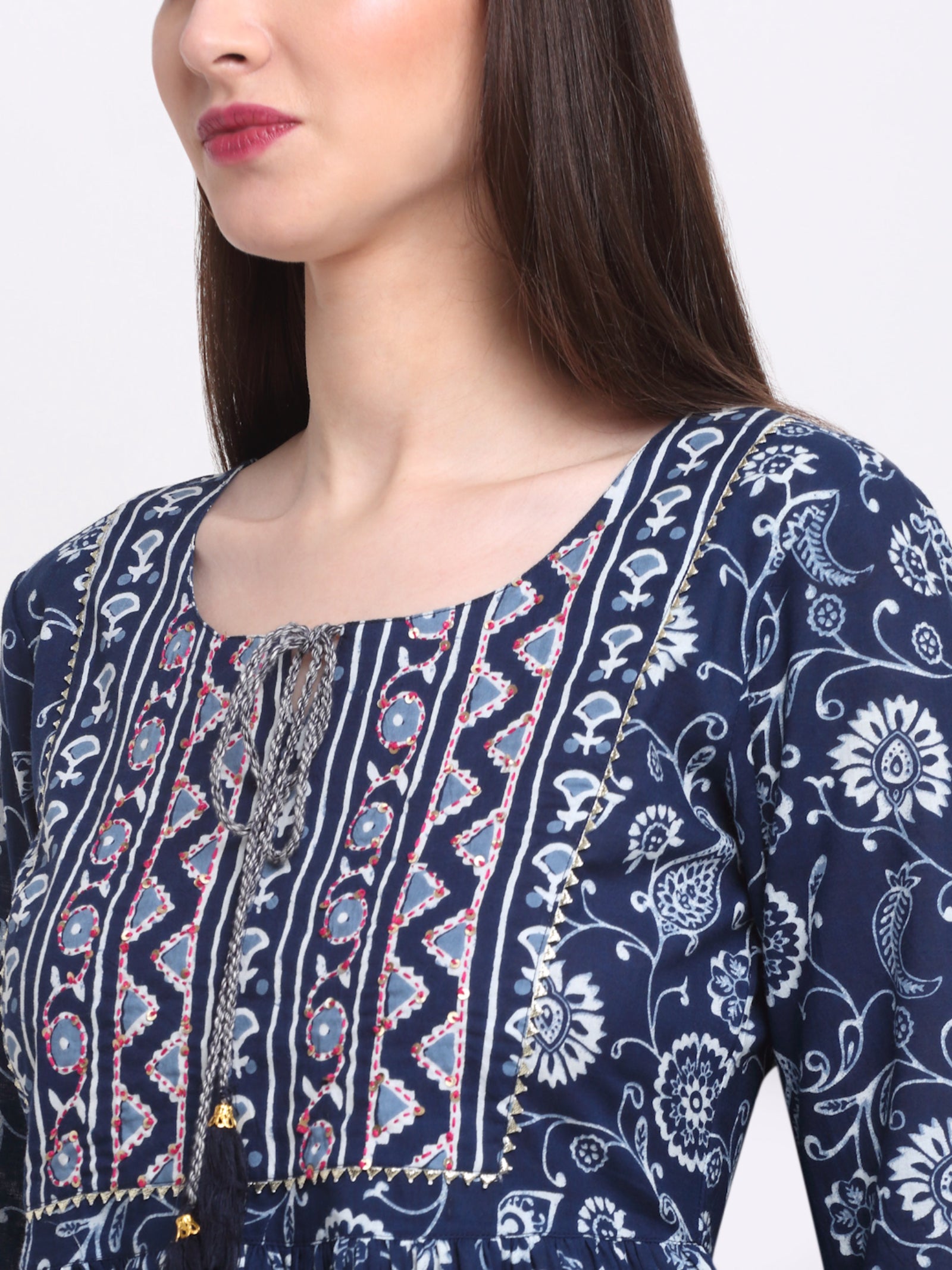 Maluka Women’s Blue & Maroon Floral Cotton Tunic with Sequins & Tassels