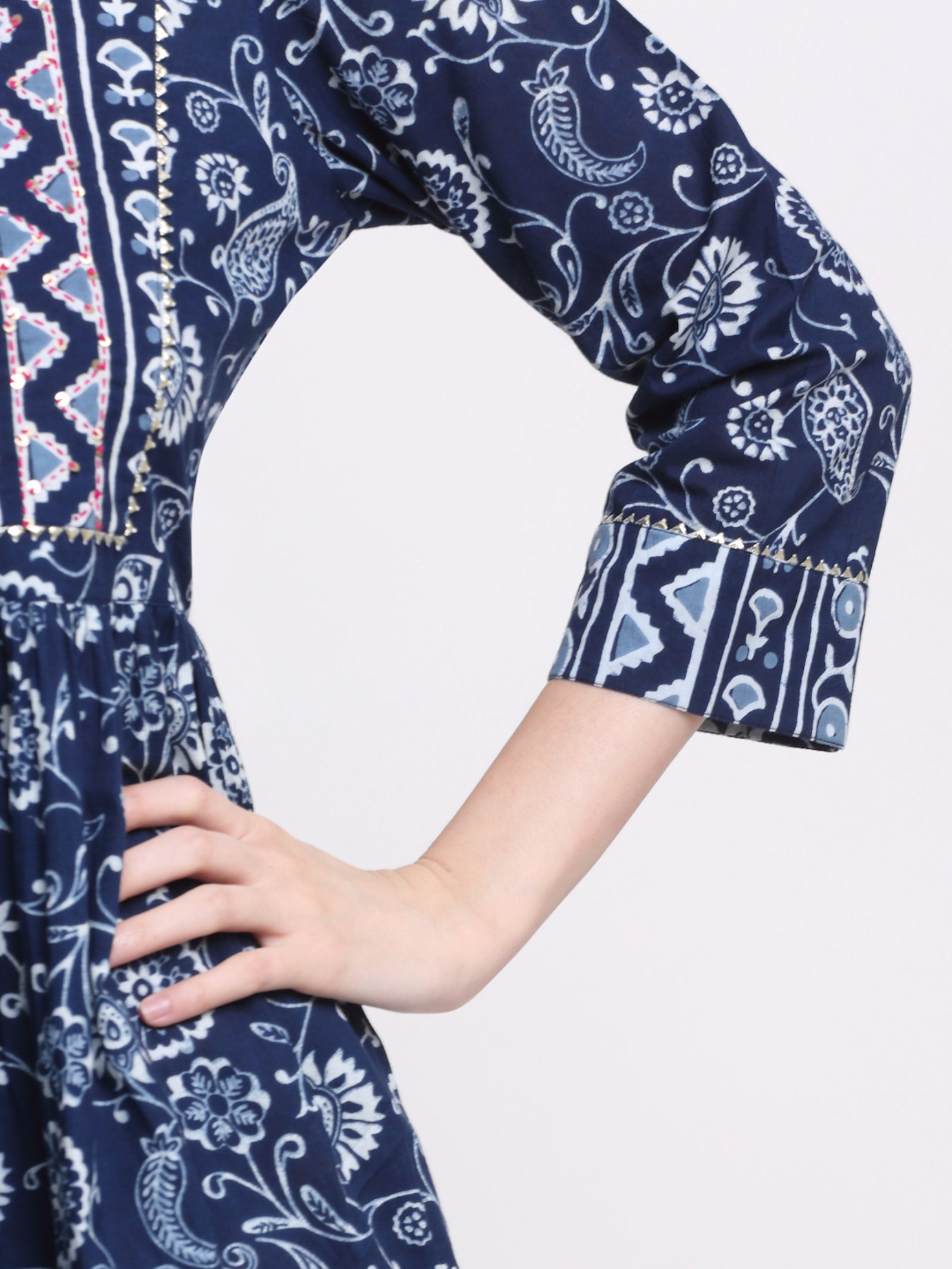 Maluka Women’s Blue & Maroon Floral Cotton Tunic with Sequins & Tassels