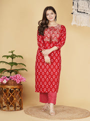Maluka Women’s Red, Blue & Grey Floral Cotton Kurta Pant Dupatta Set