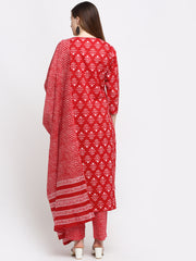 Maluka Women’s Red, Blue & Grey Floral Cotton Kurta Pant Dupatta Set