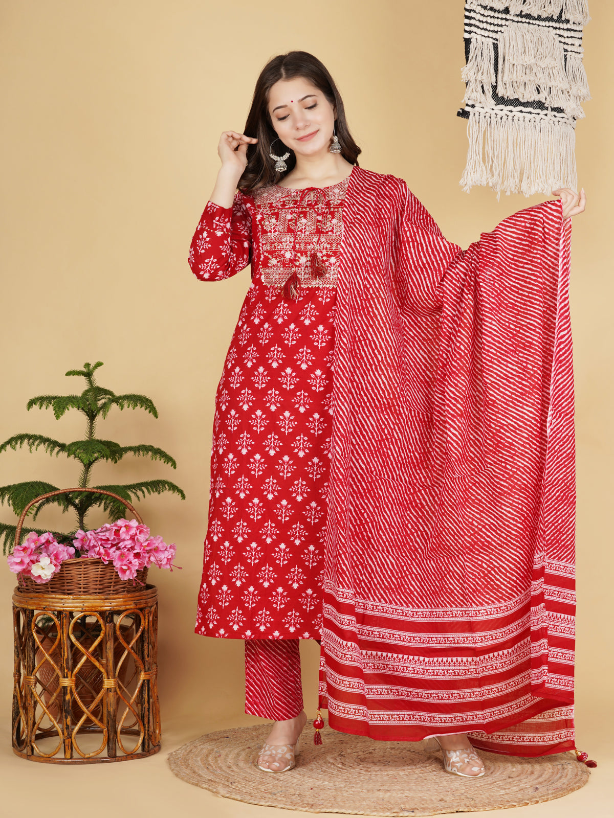 Maluka Women’s Red, Blue & Grey Floral Cotton Kurta Pant Dupatta Set