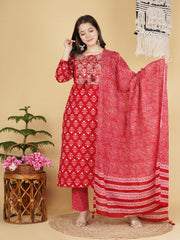 Maluka Women’s Red, Blue & Grey Floral Cotton Kurta Pant Dupatta Set