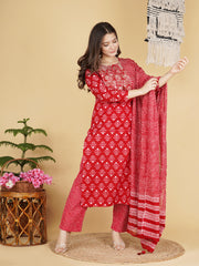 Maluka Women’s Red, Blue & Grey Floral Cotton Kurta Pant Dupatta Set