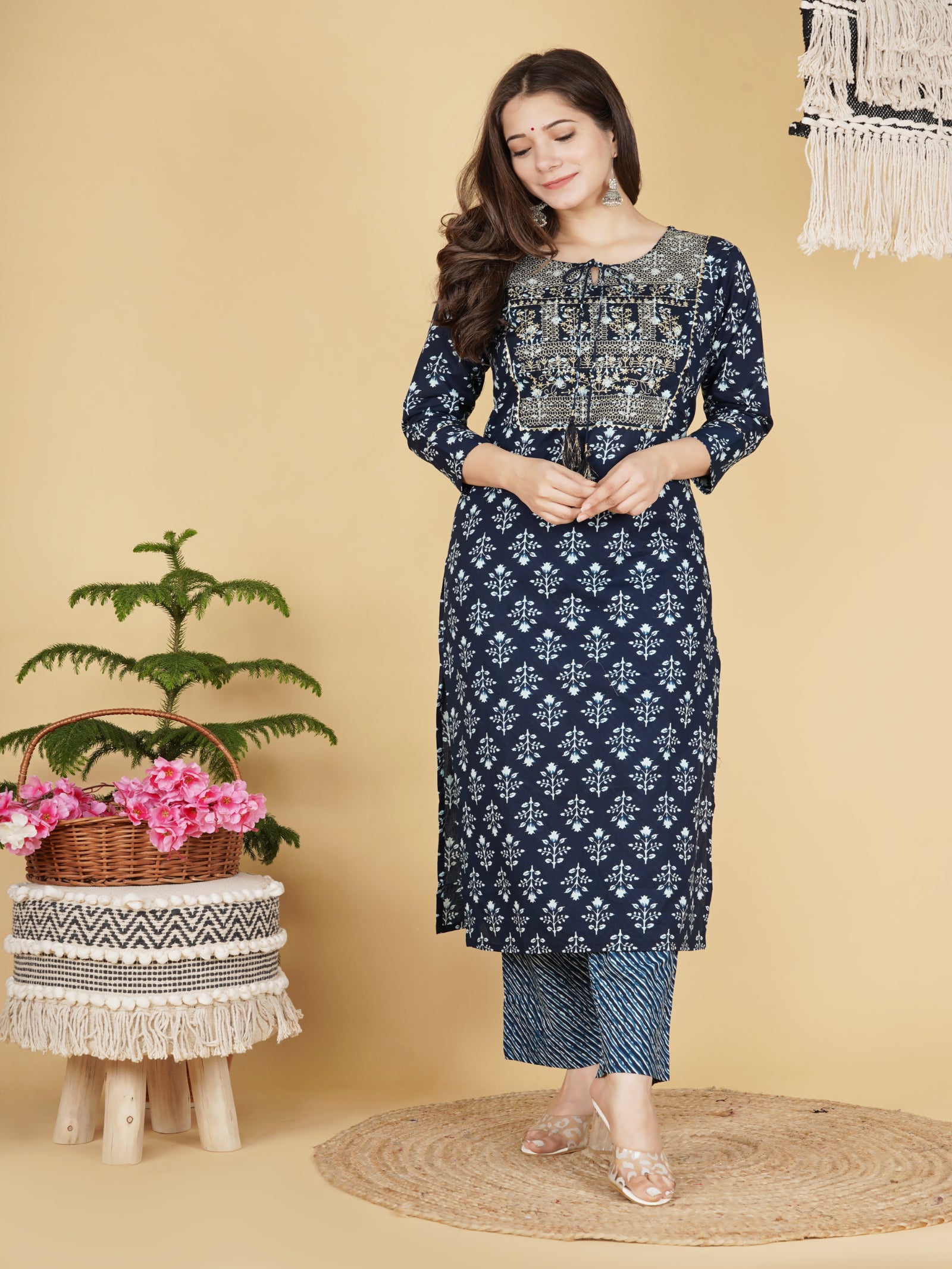 Maluka Women’s Red, Blue & Grey Floral Cotton Kurta Pant Dupatta Set