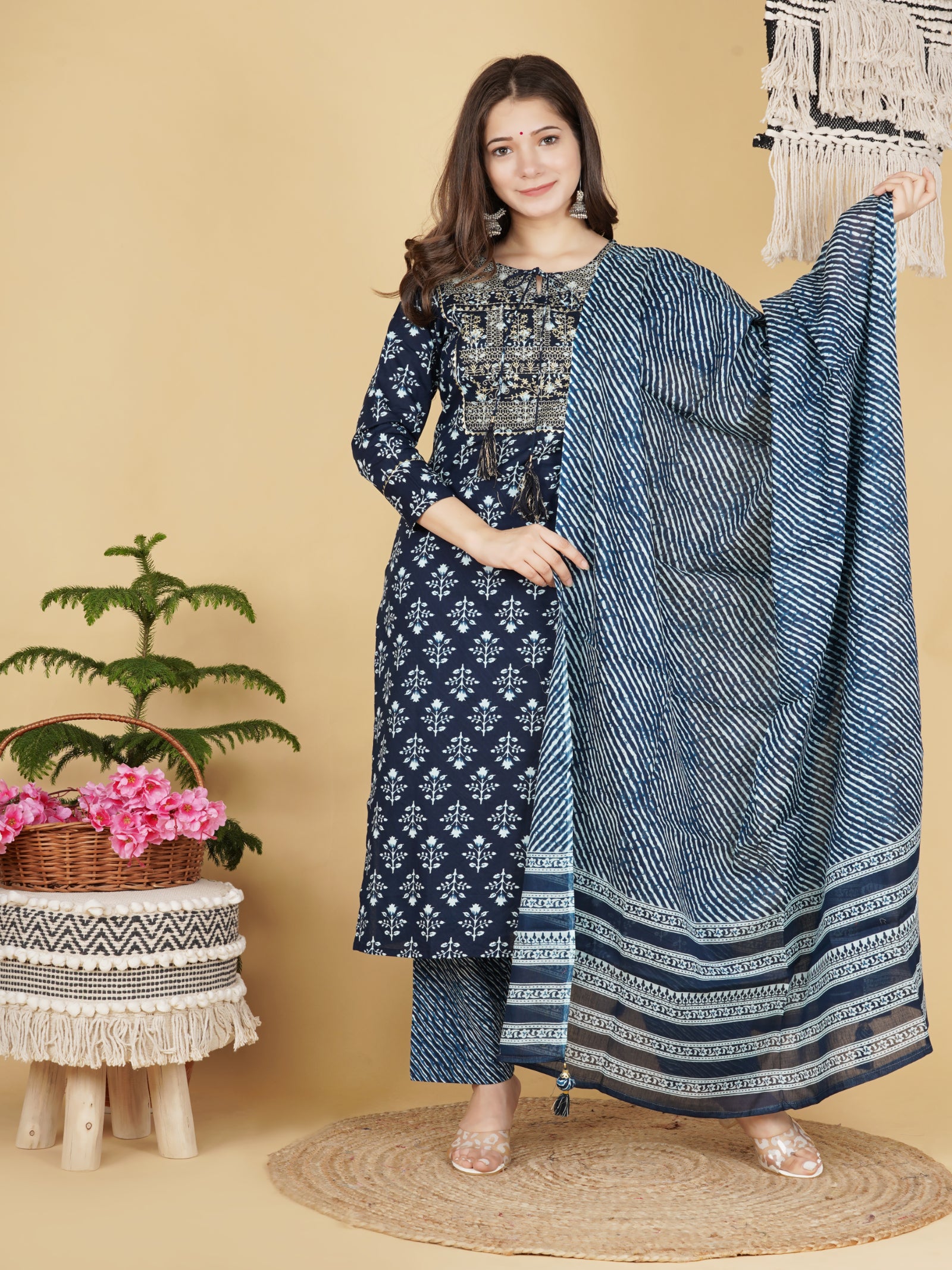 Maluka Women’s Red, Blue & Grey Floral Cotton Kurta Pant Dupatta Set