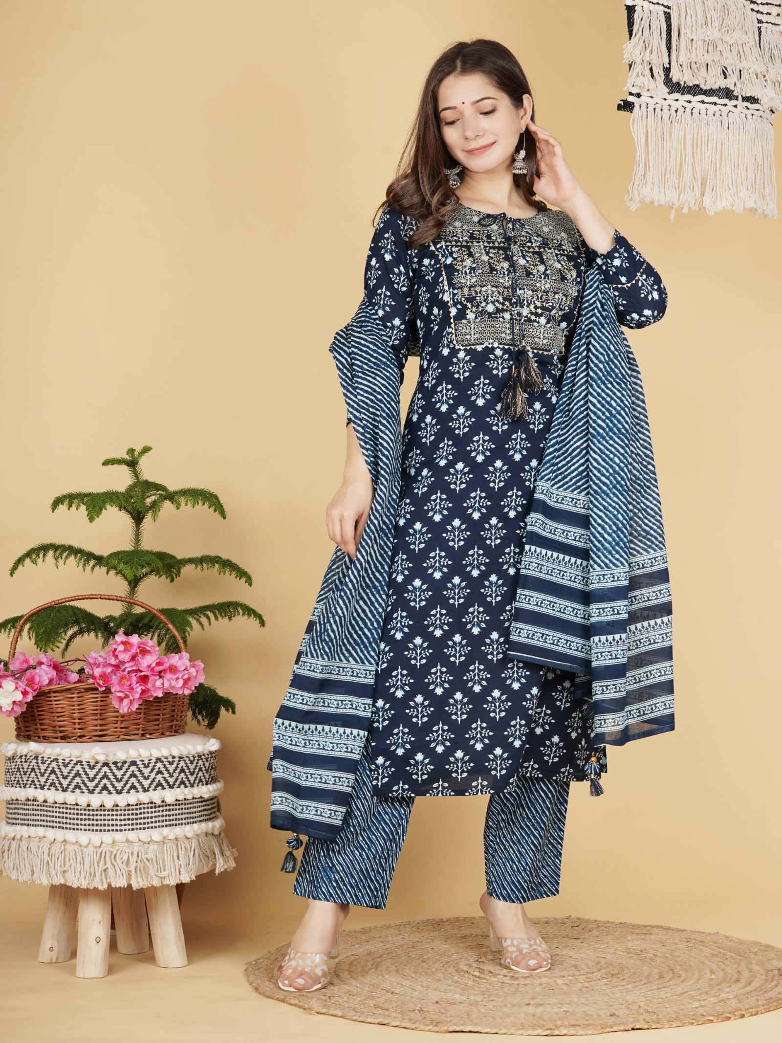 Maluka Women’s Red, Blue & Grey Floral Cotton Kurta Pant Dupatta Set