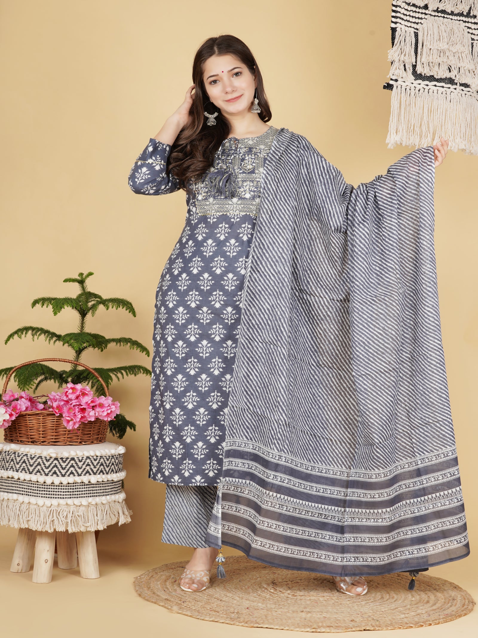 Maluka Women’s Red, Blue & Grey Floral Cotton Kurta Pant Dupatta Set