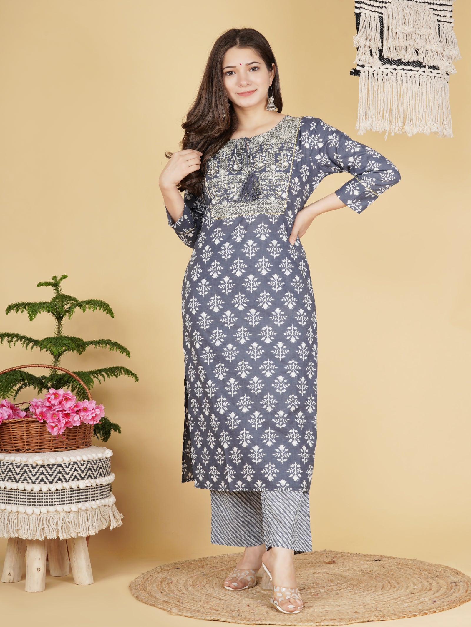 Maluka Women’s Red, Blue & Grey Floral Cotton Kurta Pant Dupatta Set