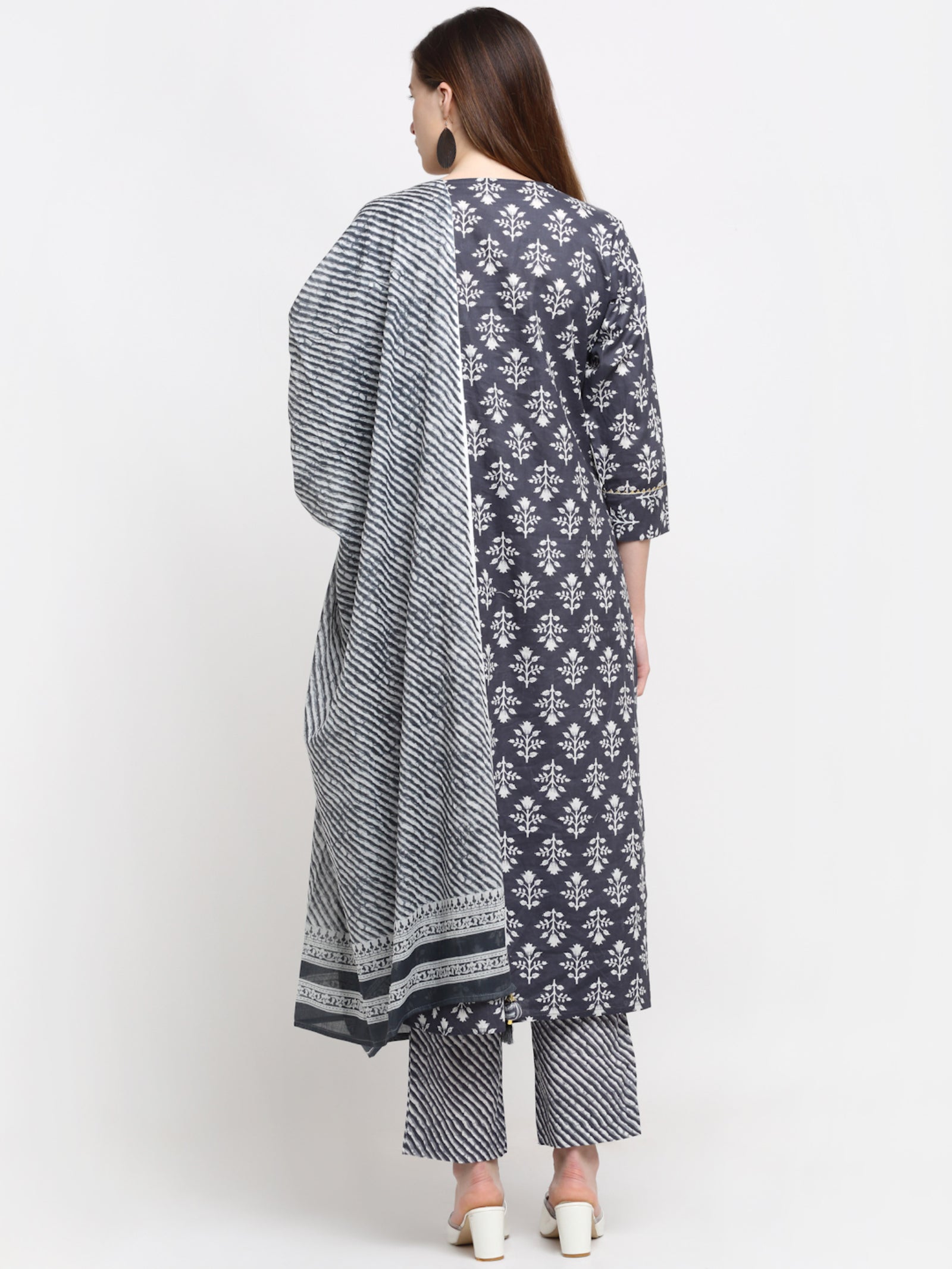 Maluka Women’s Red, Blue & Grey Floral Cotton Kurta Pant Dupatta Set
