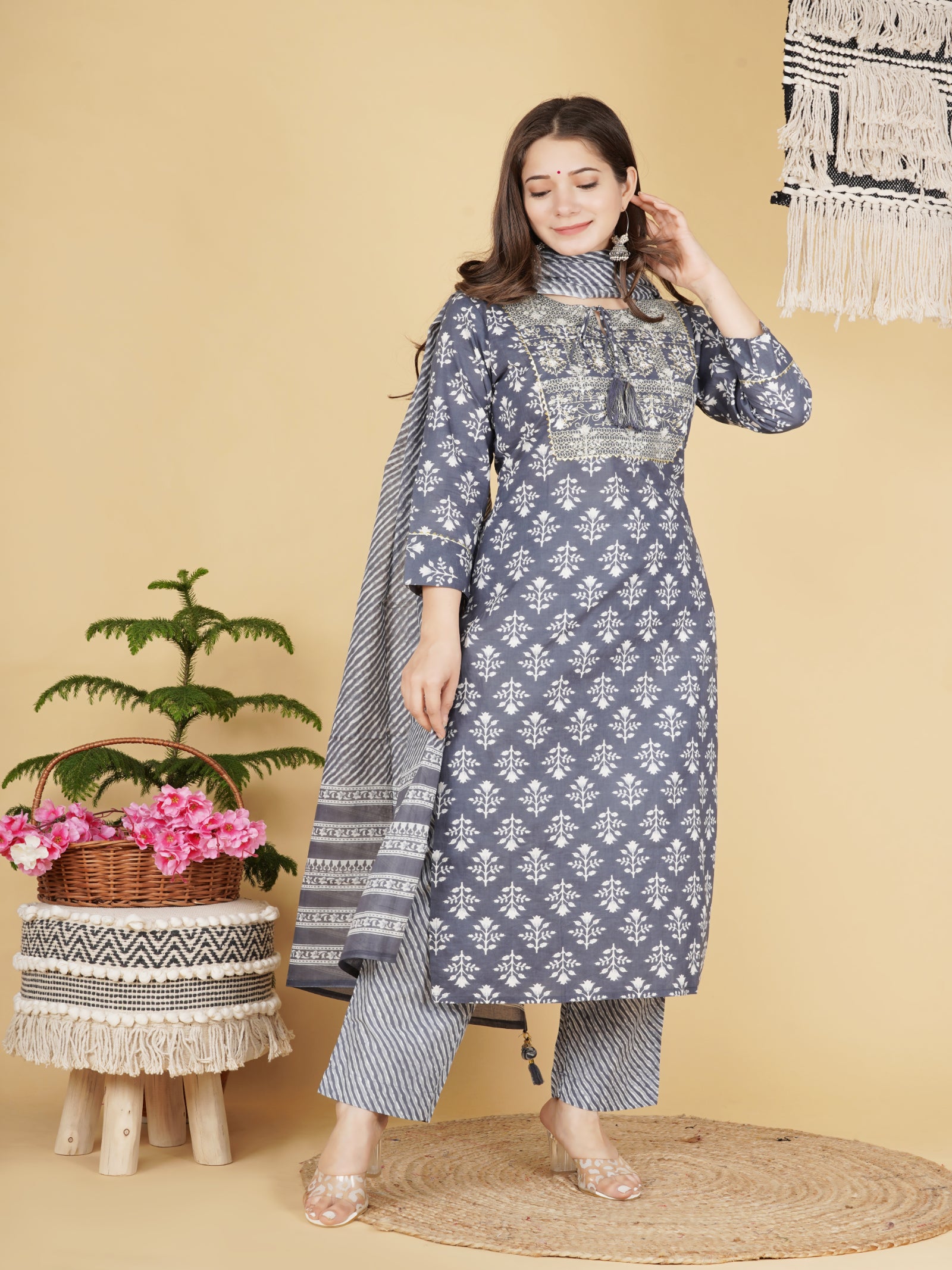 Maluka Women’s Red, Blue & Grey Floral Cotton Kurta Pant Dupatta Set