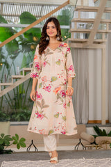 Maluka Women Beige Modal Chanderi Kurta Pant Duptta Set