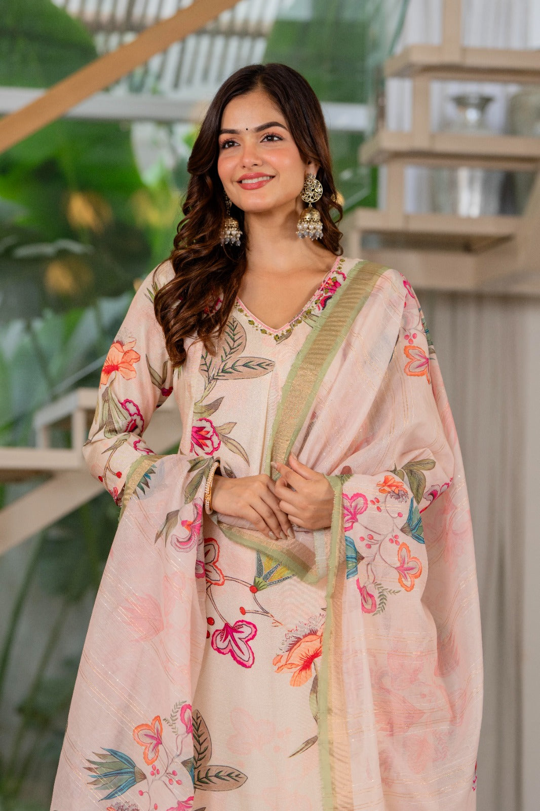Maluka Women Beige Modal Chanderi Kurta Pant Duptta Set