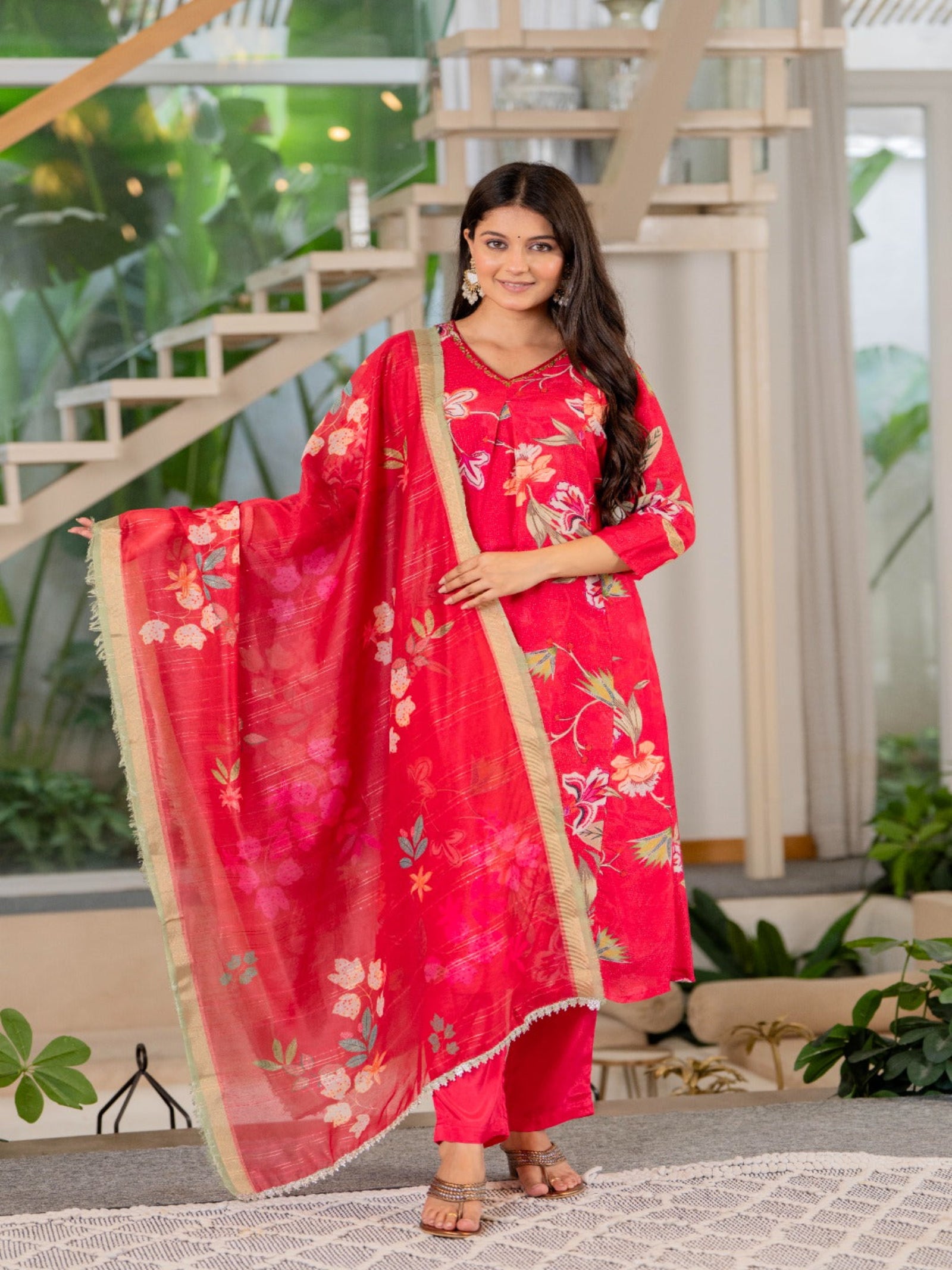 Maluka Women Red Modal Chanderi Kurta Pant Duptta Set