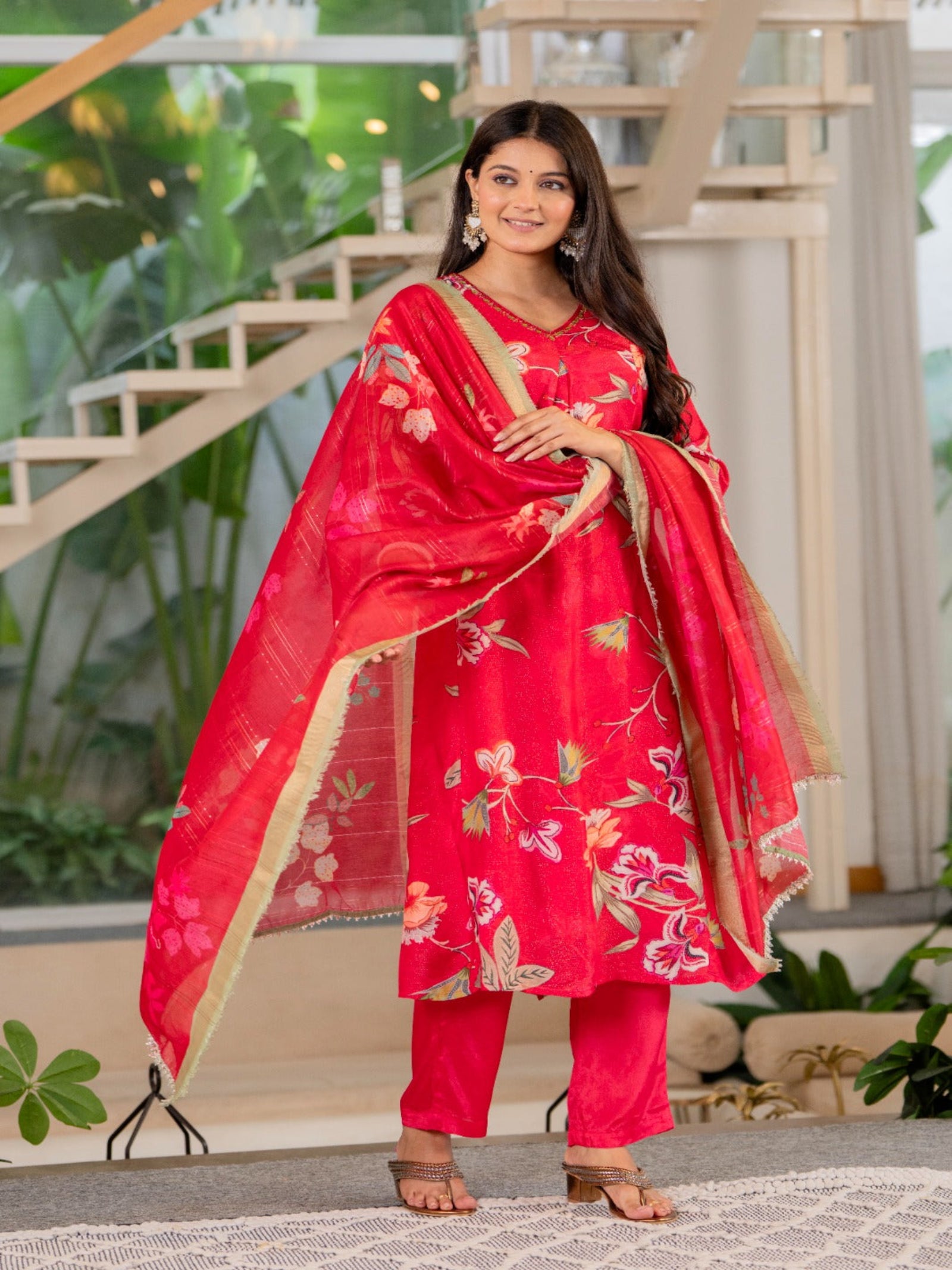 Maluka Women Red Modal Chanderi Kurta Pant Duptta Set