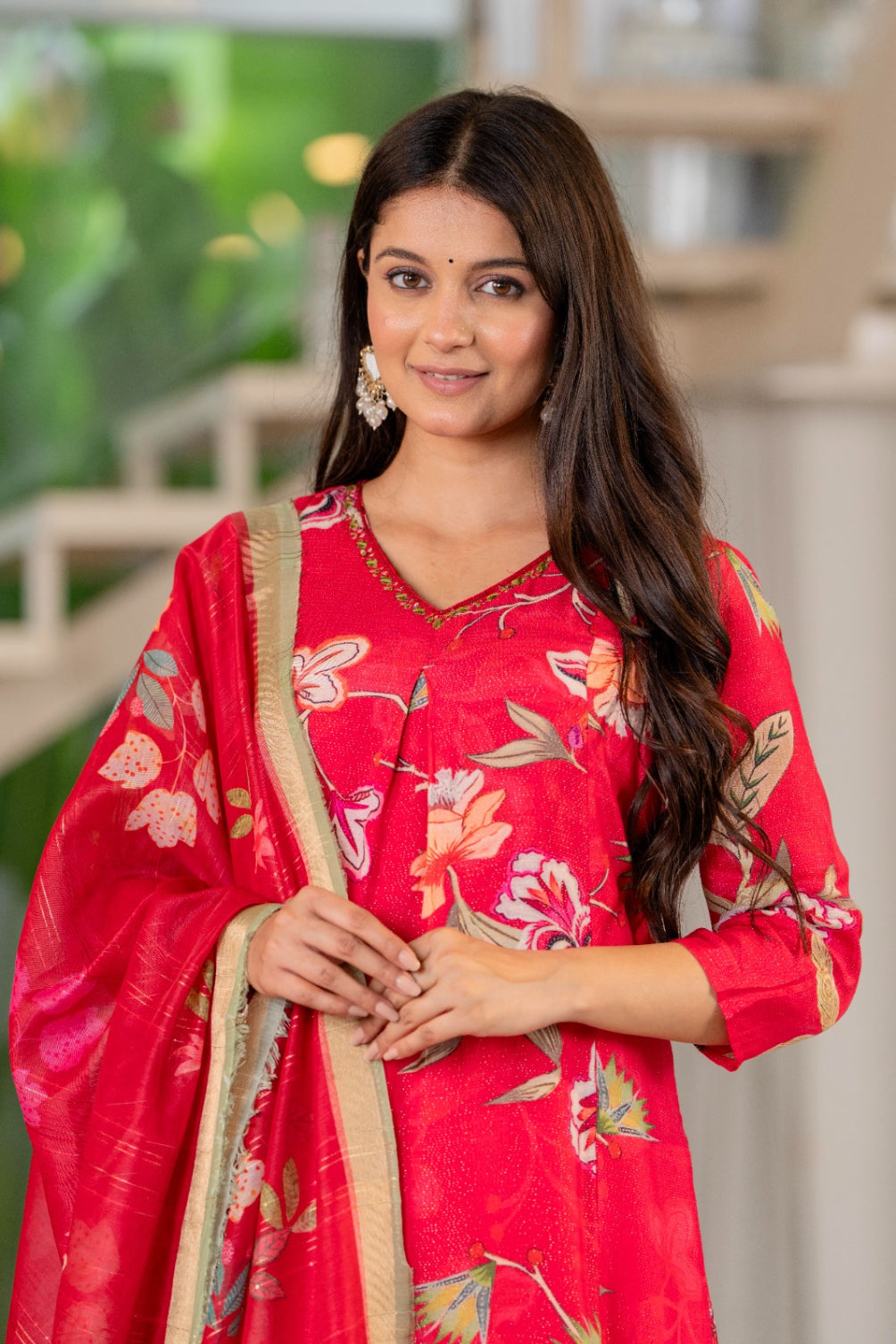 Maluka Women Red Modal Chanderi Kurta Pant Duptta Set