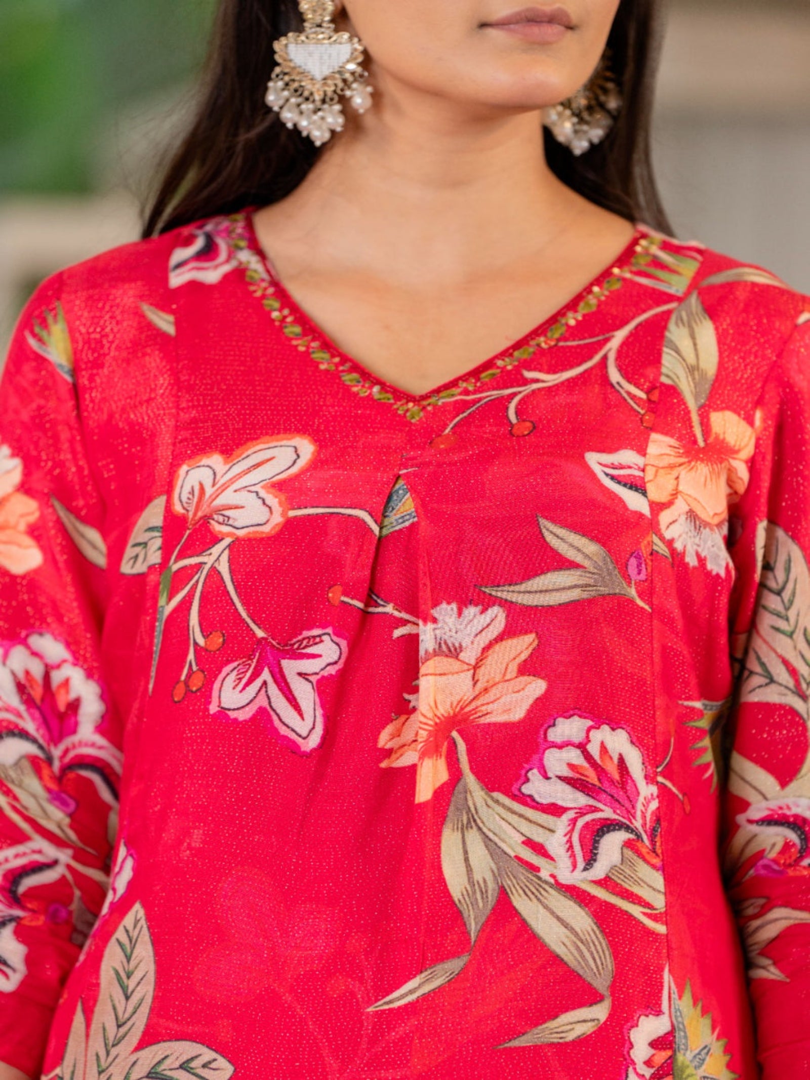 Maluka Women Red Modal Chanderi Kurta Pant Duptta Set