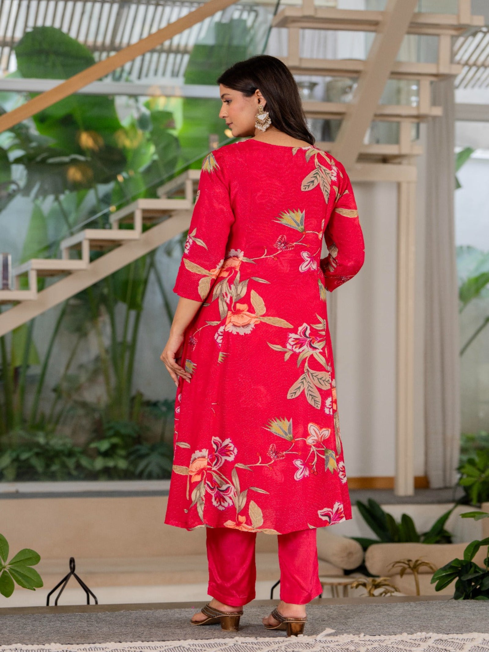 Maluka Women Red Modal Chanderi Kurta Pant Duptta Set