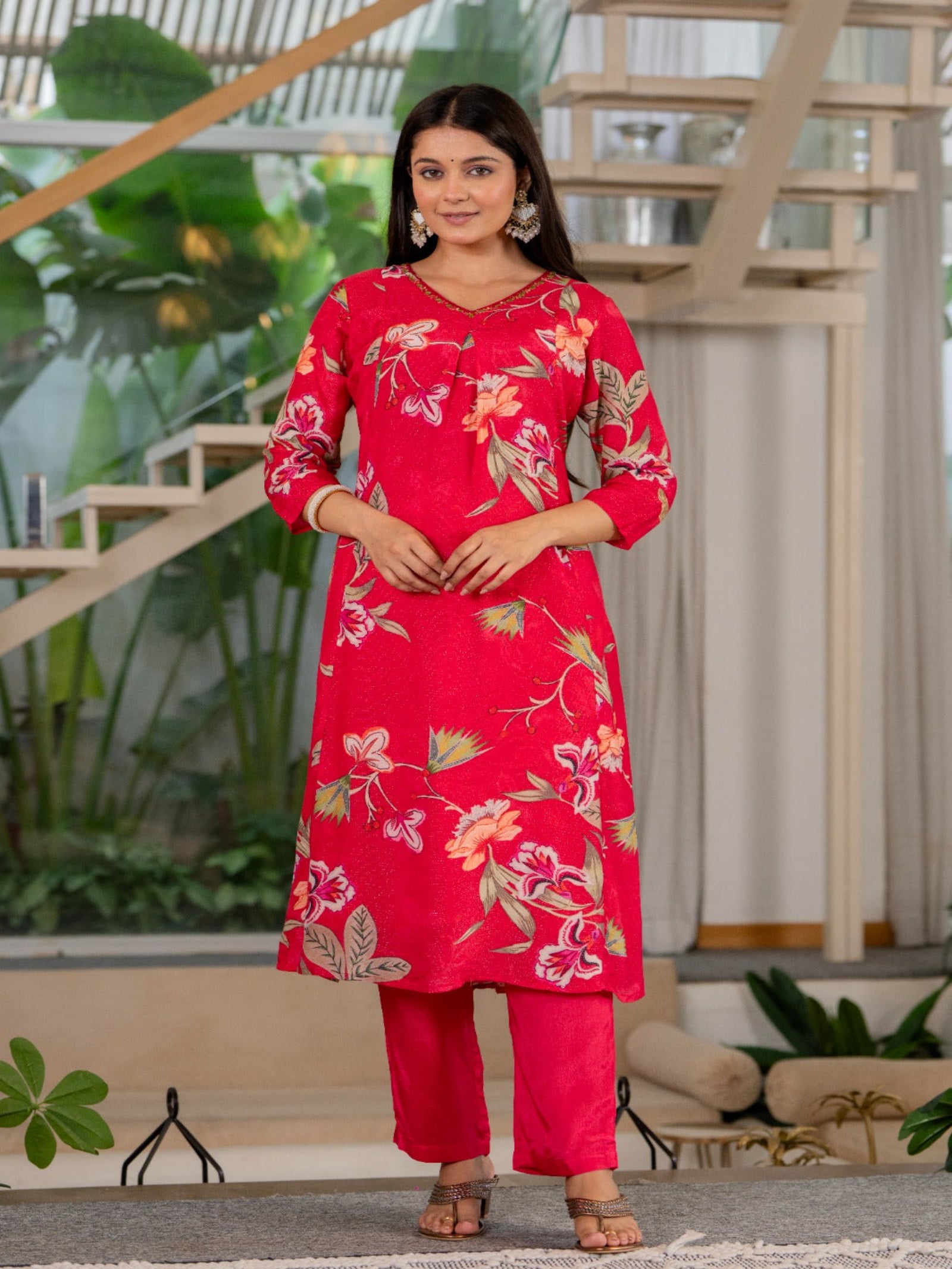 Maluka Women Red Modal Chanderi Kurta Pant Duptta Set